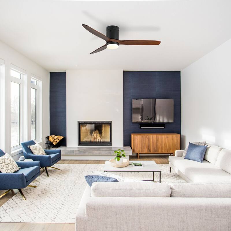 52 Inch Ceiling Fan with Light, 3 Dark Walnut Solid Wood Blades,Remote Control,6-speed Reversible DC Motor - Black + Dark Walnut