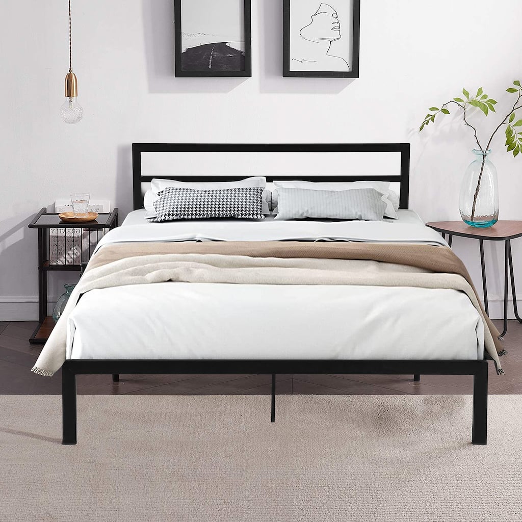 Heavy Duty Metal Platform Bed, Queen Size Steel Slat Bed Frame with Headboard