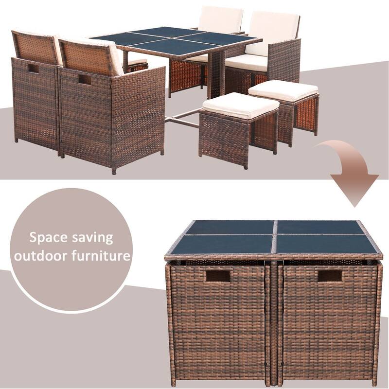 Homall 9 Pieces Patio Dining Sets Outdoor Space Saving Rattan Chairs with Glass Table Sectional Conversation Set with Cushions