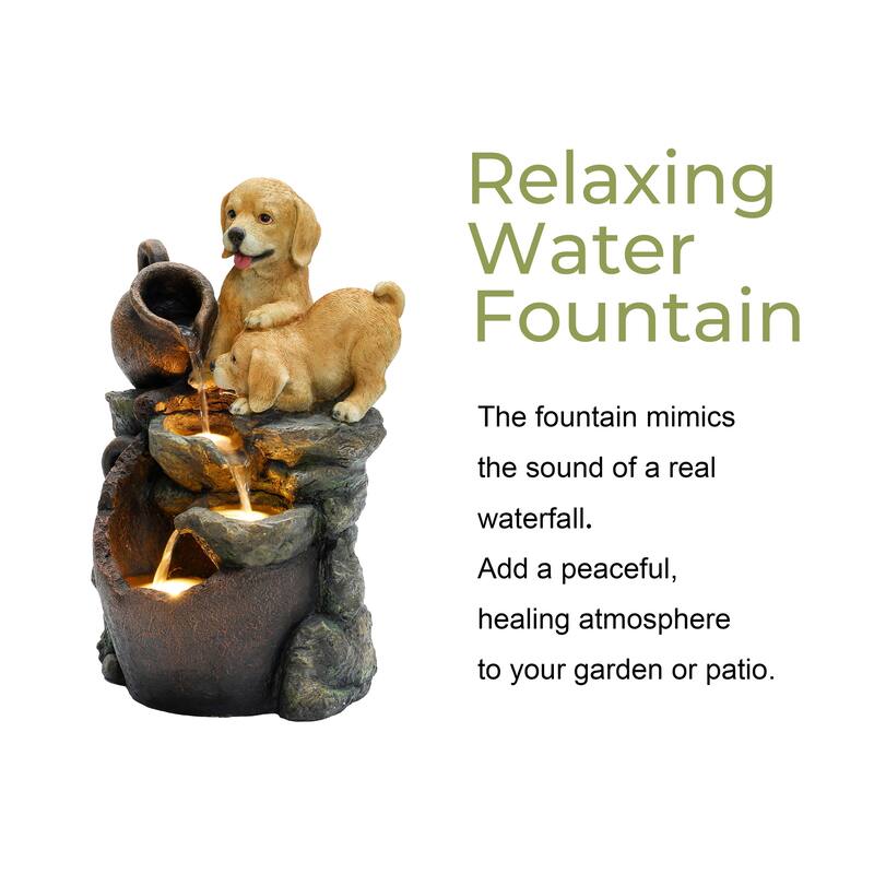 Puppy Friends Farmhouse Resin Outdoor Fountain with Lights