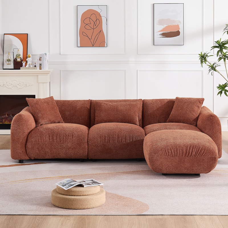 Upholstered Comfortable Soft Lamb Down White Sectional Sofa Couch with Ottoman