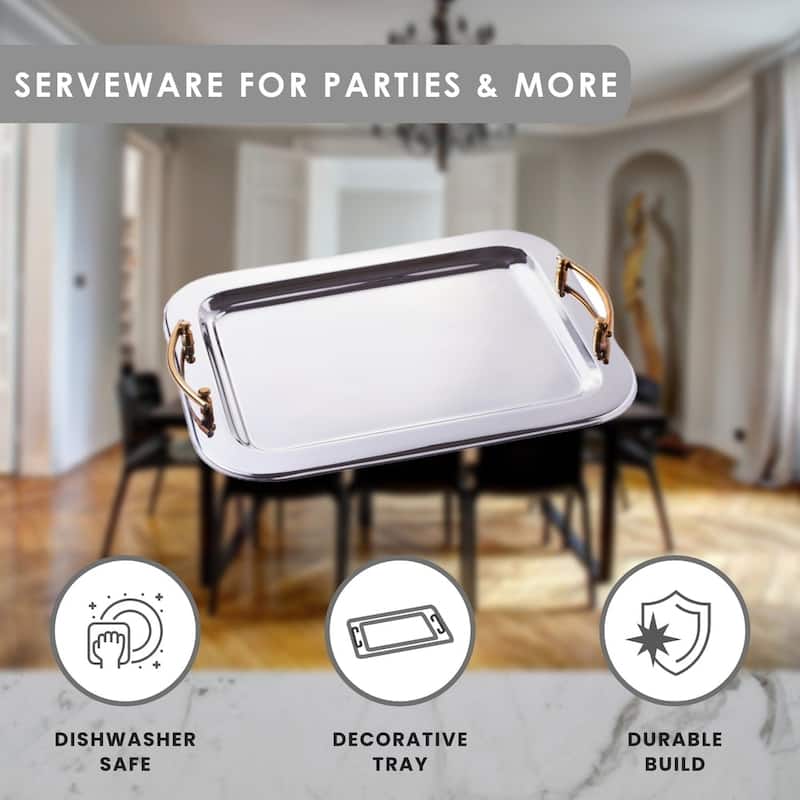 Sol Living Stainless Steel Rectangular Serving Tray with Handle - 16.5" x 13" x 2.8"