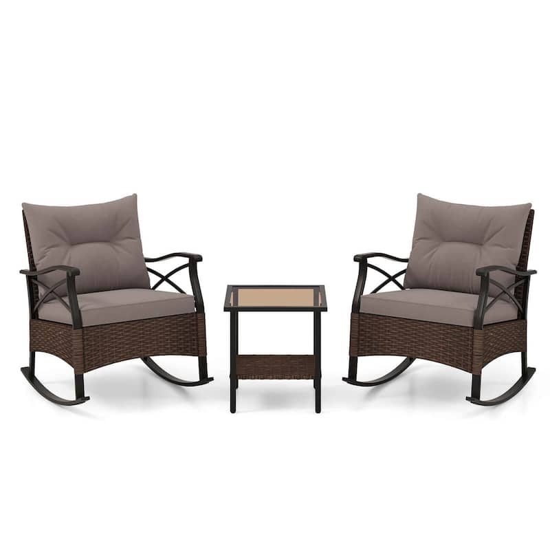 3 PCS Outdoor Rocking Chair Set Cushioned Rocker Chair w/ Side Table - Mix Brown+Grey