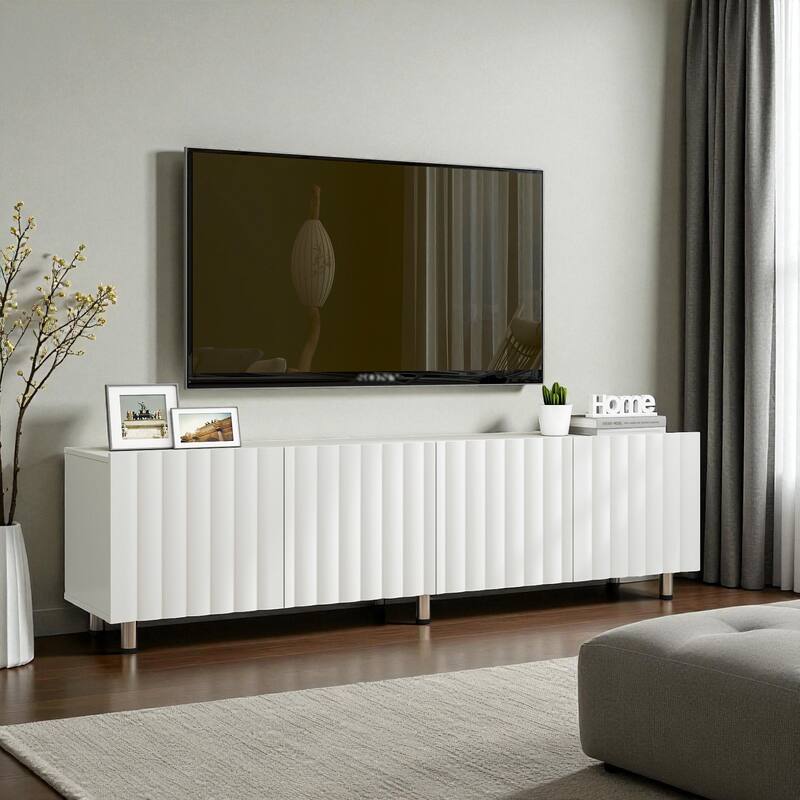 Modern TV Stand for 65+ Inch TV, 70" Entertainment Center with 2 Drawers, Wood Media Console Cabinet with Metal Legs - White