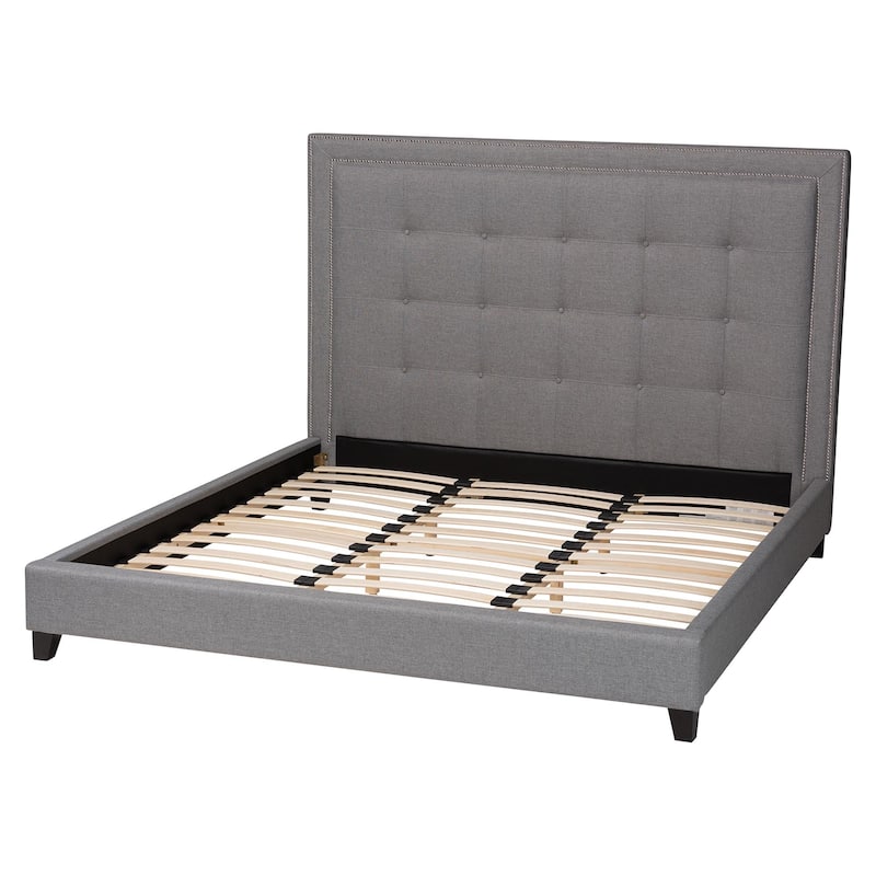 Baxton Studio Hirst Grey Linen Bed with Upholstered Headboard