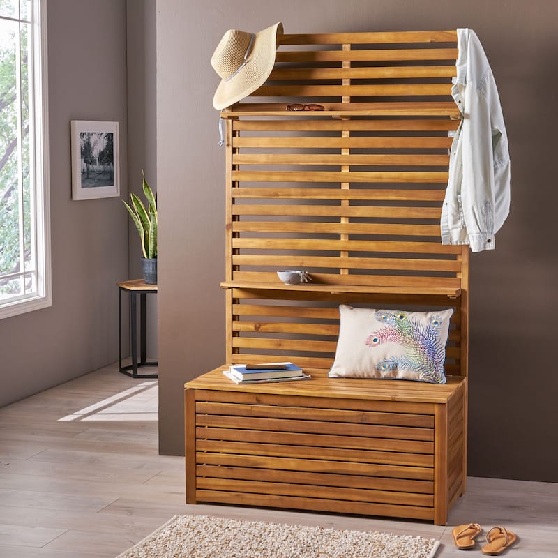 Roomfitters Outdoor Storage Bench with Back Rack, Solid Wood Patio Deck Box with Shelves for Garden or Porch, Teak