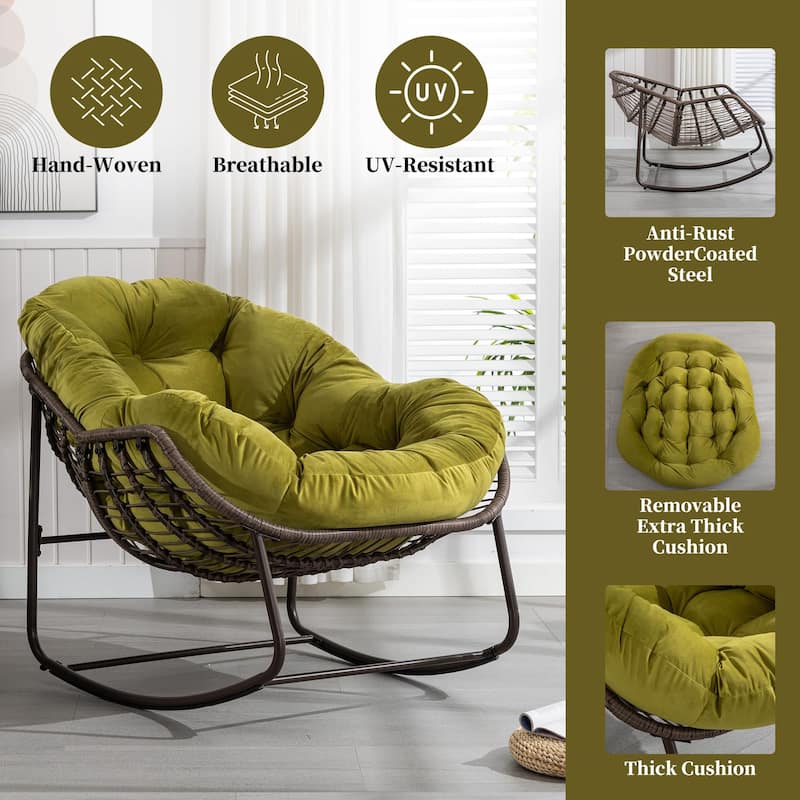 Outdoor Padded Cushion Rocking Chair, Patio Oversized Rattan Egg Chair