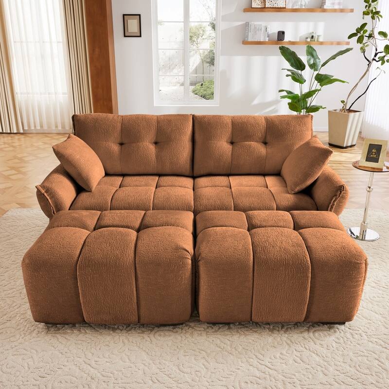 78.7" Chenille Two Seater Upholstered Sofa, 2 Ottoman - Burnt Orange