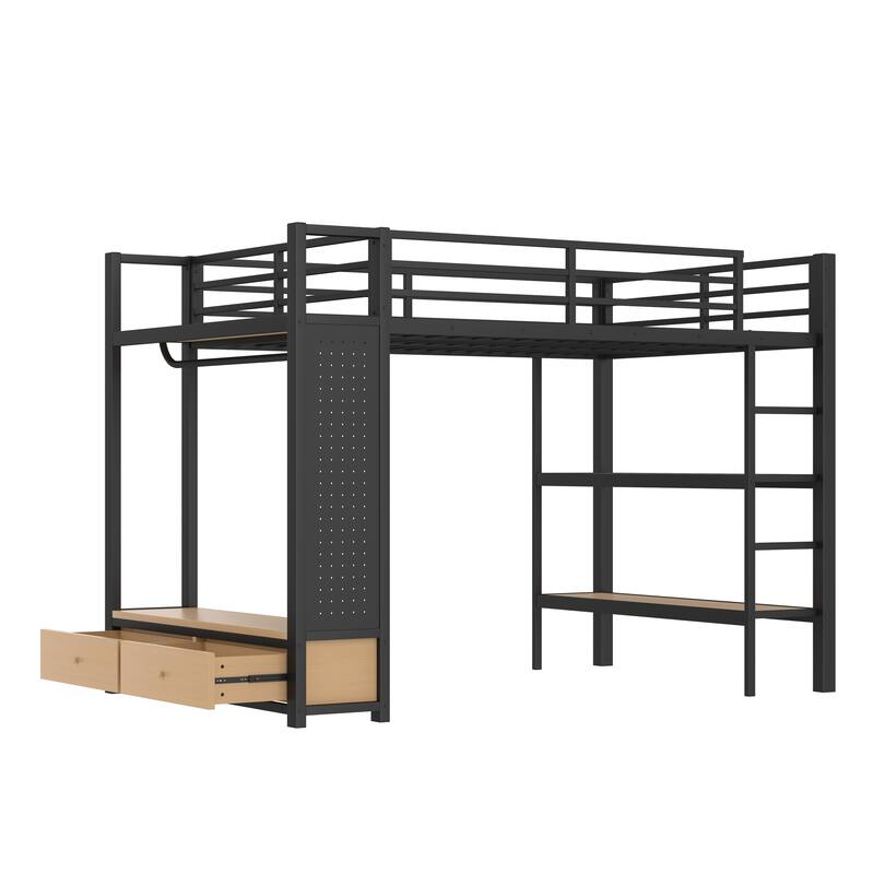 Roomfitters Full/Queen Size Metal Loft Bed Frame with Wardrobe, Storage Shelves & Pegboard, Space-Saving Functional Design