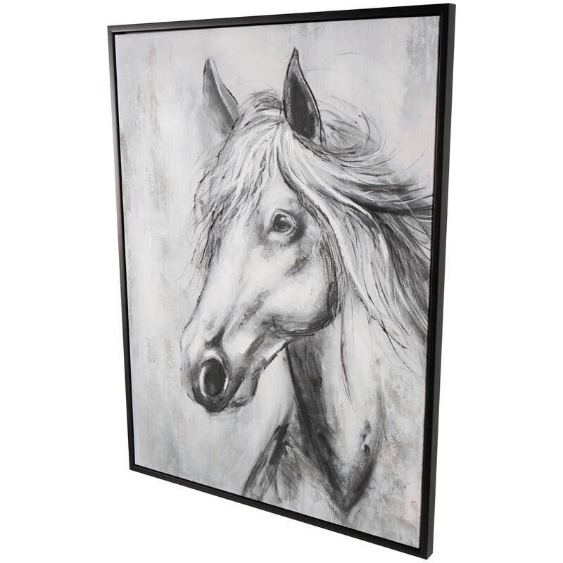 Black Canvas Hand Drawn Inspired Shaded Horse Framed Wall Art with White Background