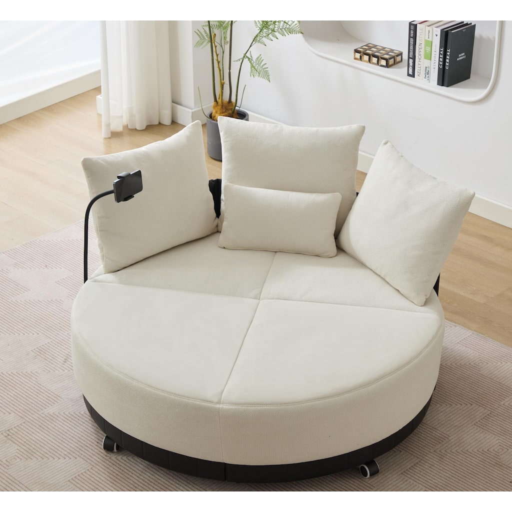 52.75" Oversized Round Swivel Chair, 360° Rotation, Beige, Polyester & Wood