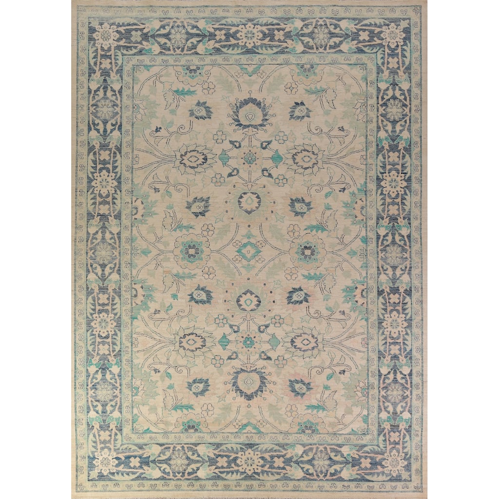 Geometric Vegetable Dye Floral Oushak Turkish Rug Handmade Wool Carpet - 9'4"x 12'2"