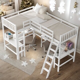 Twin Size L-Shaped Loft Bed With Ladder And 2 Built-in L-Shaped Desks