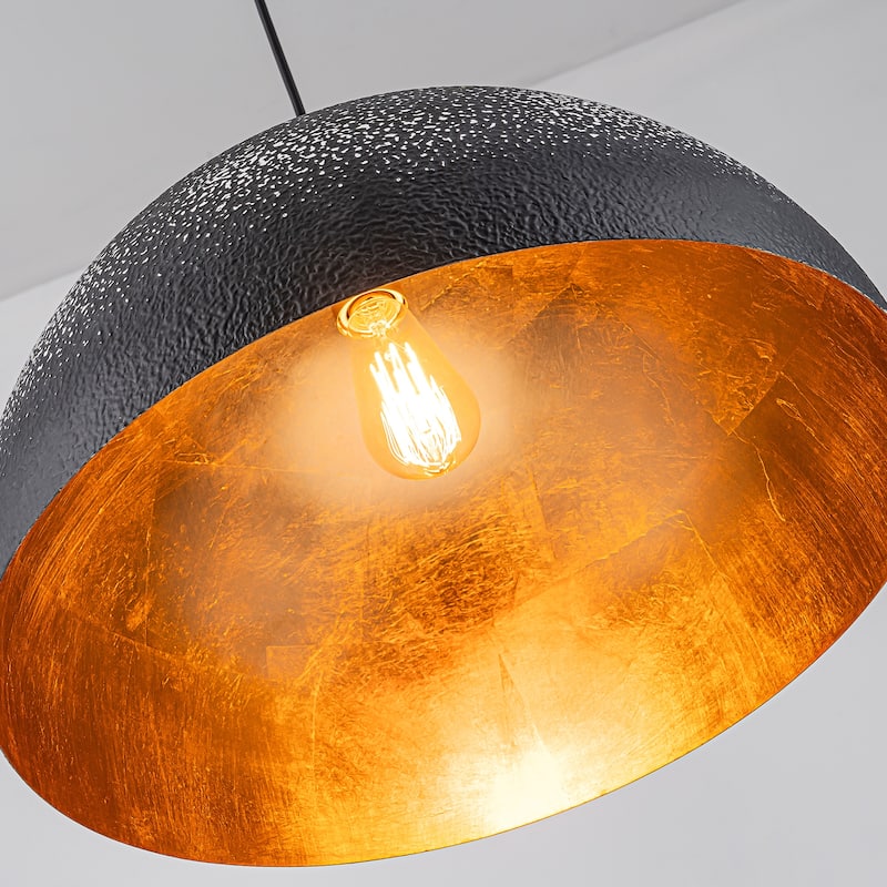 1-Light Vintage Industrial Painted Black Gold Leaf Dome Pendant Kitchen Island Lighting - 19.6 in. W x 11.8 in. H
