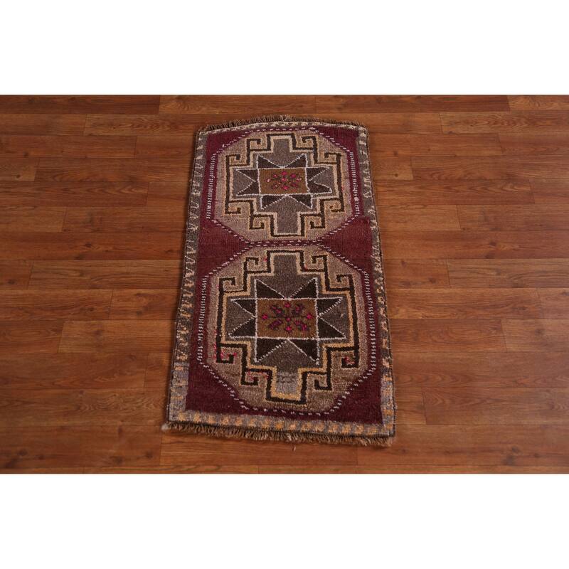 Hand Knotted Oriental 100% Wool Carpet Transitional Tribal Purples Anatolian Area Rug - 2' 11'' X 1' 7''