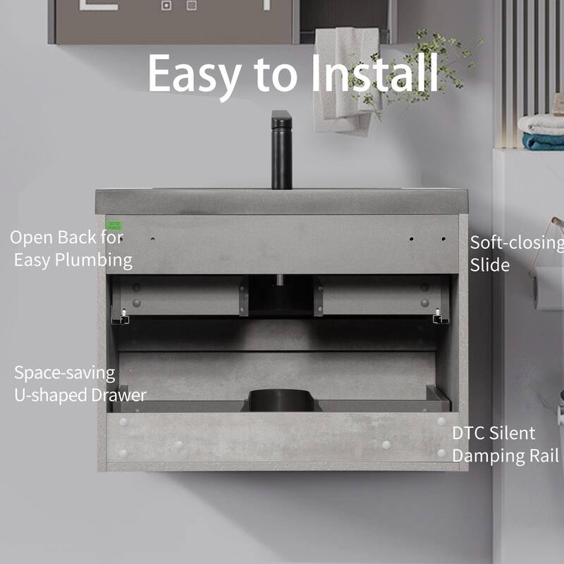 36" Wall-Mounted Floating Vanity with Premium Quartz Sand Basin, Grey Modern Storage Cabinet