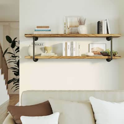 Wallniture 60"x 9.25" Industrial Pipe Shelf, Wood Wall Shelves, Floating Bookshelves for Wall, Burnt, 2 Tier