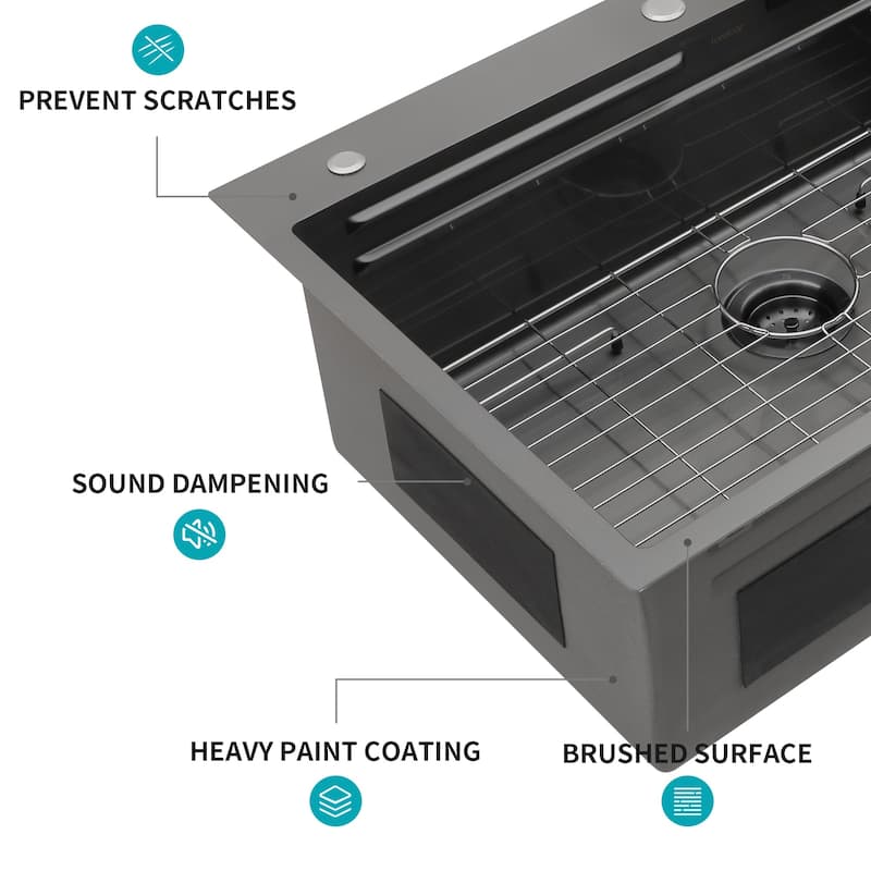 33 in. Drop-in Single Bowl 16 Gauge Gunmetal Black Stainless Steel Kitchen Sink Basin - 33" x 22" x 10"