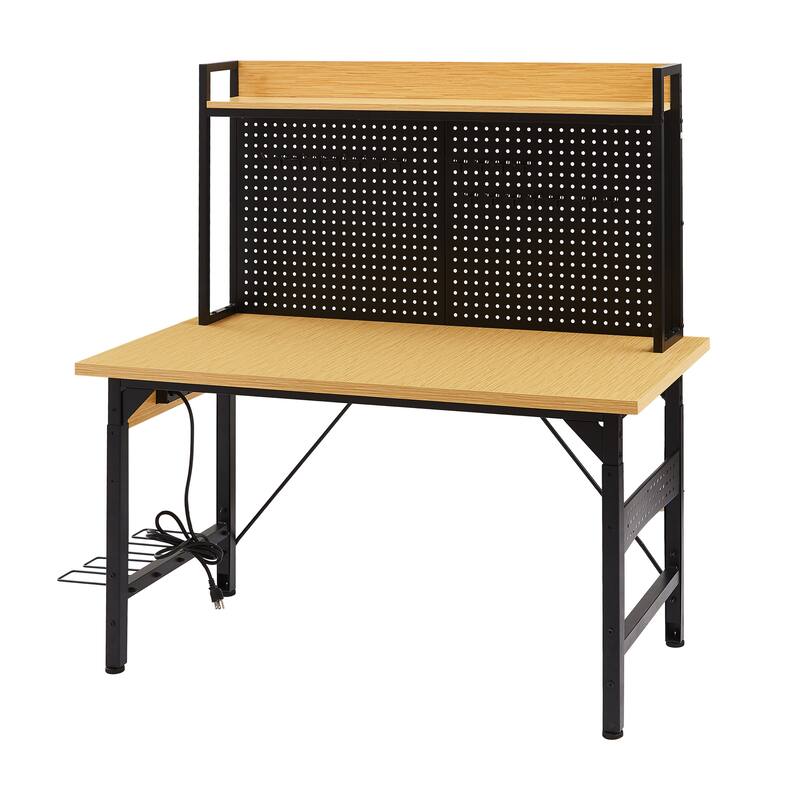 48''Adjustable Workbench with pegboard,Heavy Duty Wooden Desktop Workbench with Wheels,1600 lb.Load Capacity,with AC/USB Outlet