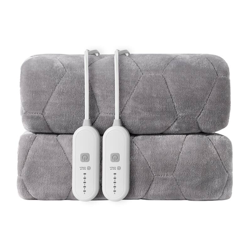 Flannel Electric Mattress Pad, Dual Control and Temperature Regulating - Light Grey - King