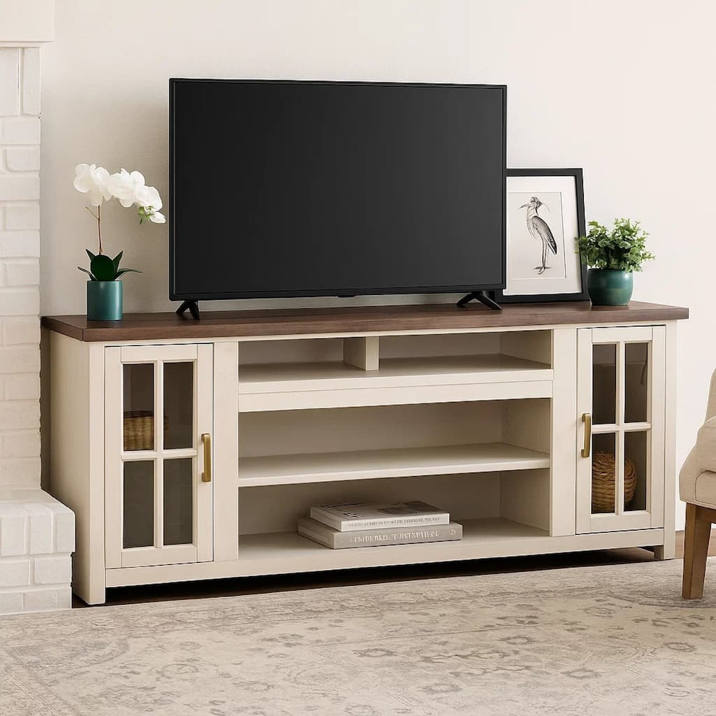 Leyla TV Stand Media Cabinet, 2 Doors and Shelves, White Wood 76 Inch