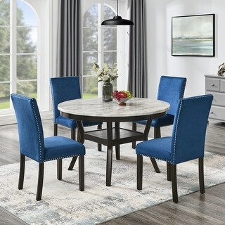 5-Piece Faux Marble Dining Set 鈥?Round Table with 4 Velvet Parsons ...