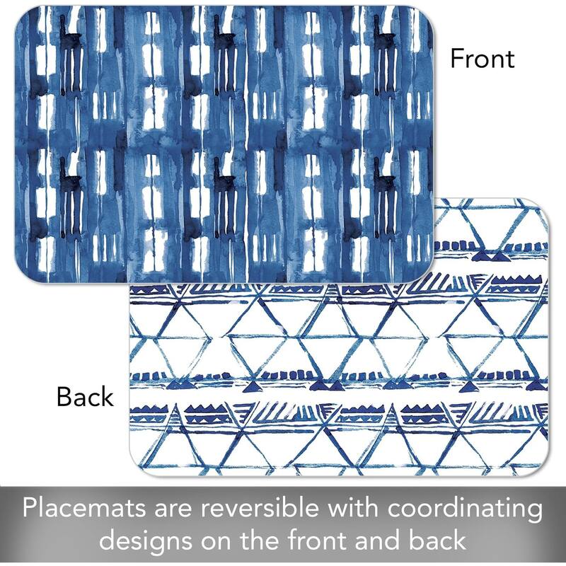 Shibori Blues 4 Pack Reversible Easy Care Flexible Plastic Placemats Made in The USA BPA Free Easily Wipes Clean