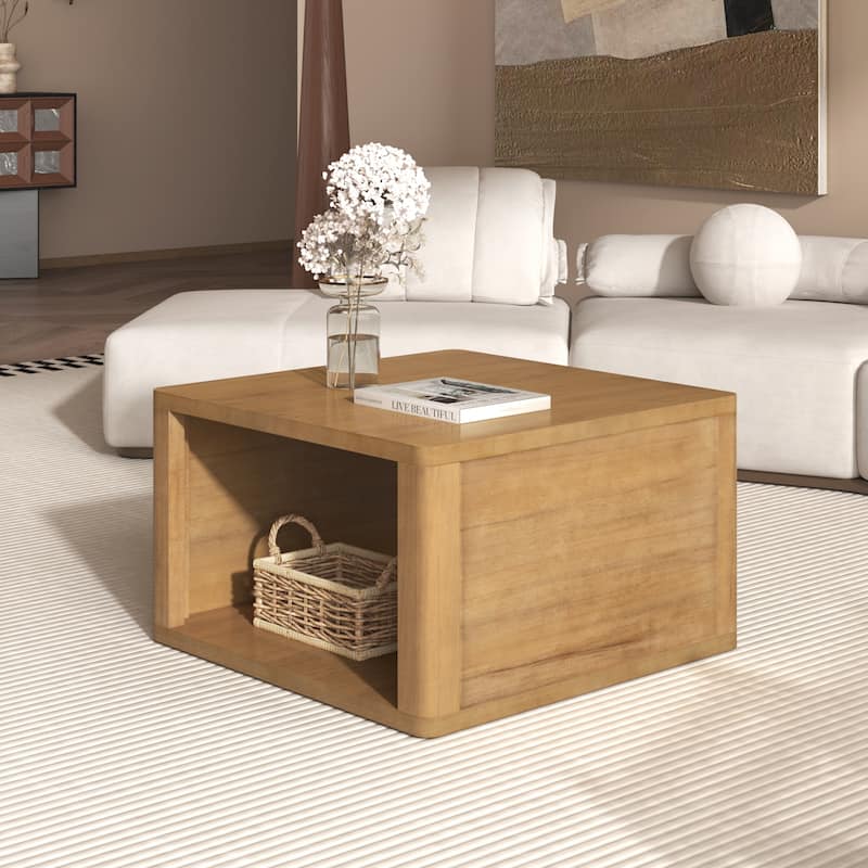 Square Coffee Table in Farmhouse Coffee Table with Storage,2-Tier Center Table with Half Open Storage Compartment in 30.8"