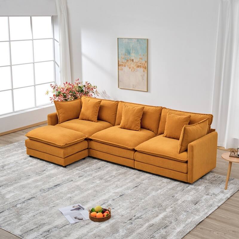110.2" Chenille Three Seater Upholstered Sofa, Ottoman
