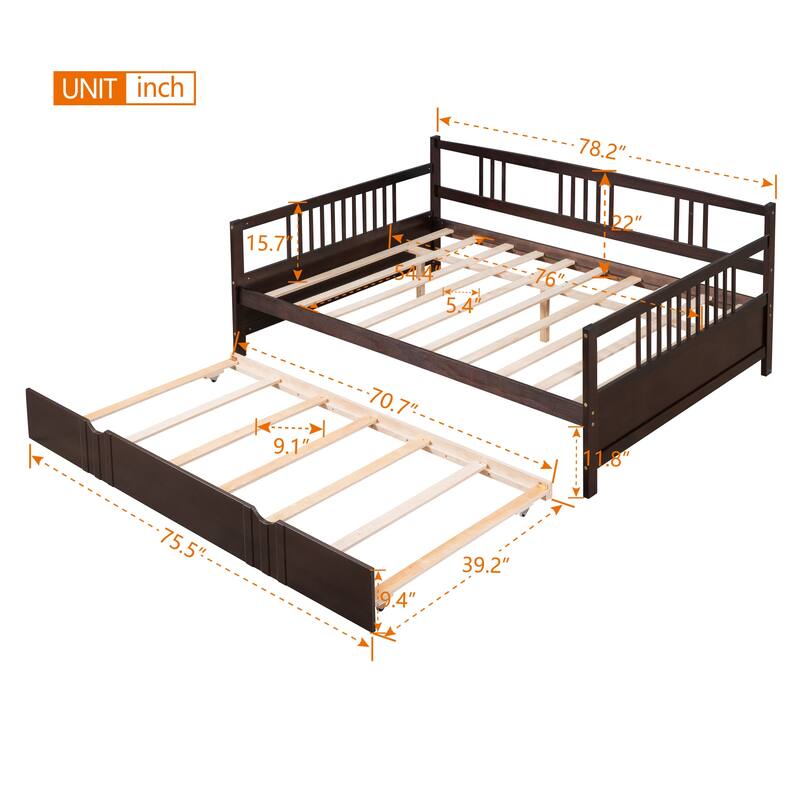 Espresso Wood Full Size Daybed Wood Bed with Twin Size Trundle Wood Frame