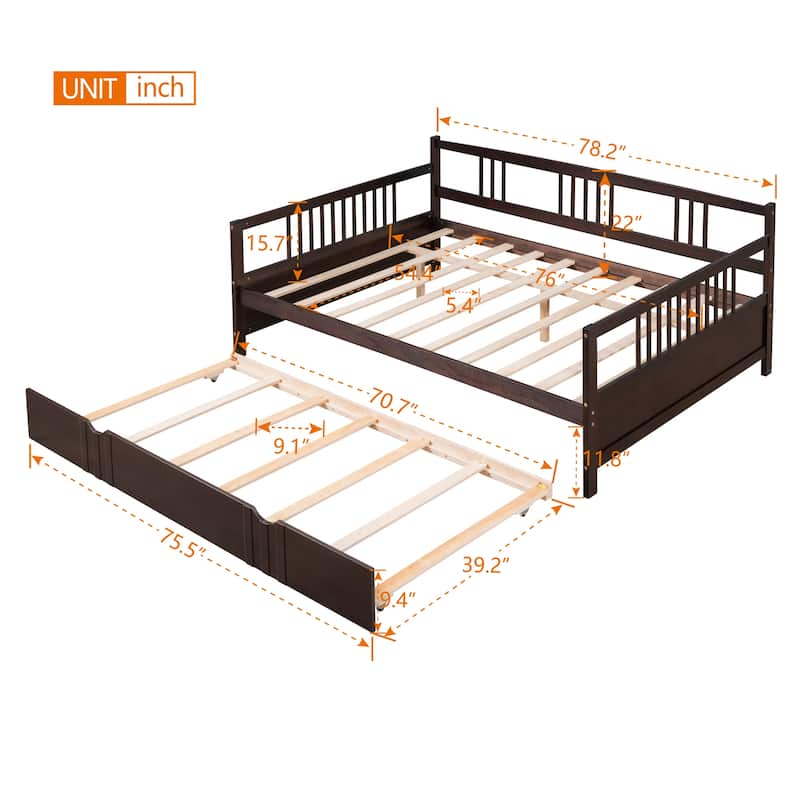 Full Size Wooden Daybed Frame with Twin Trundle and Rails, Solid Pine Wood Bed Convertible Lounge Sleeper Sofa Bed