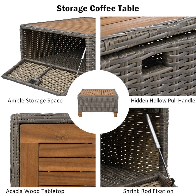 8-Piece Wicker Outdoor Patio Furniture Set w/ Acacia Storage Table Conversation Set for Backyard, Beach or Garden