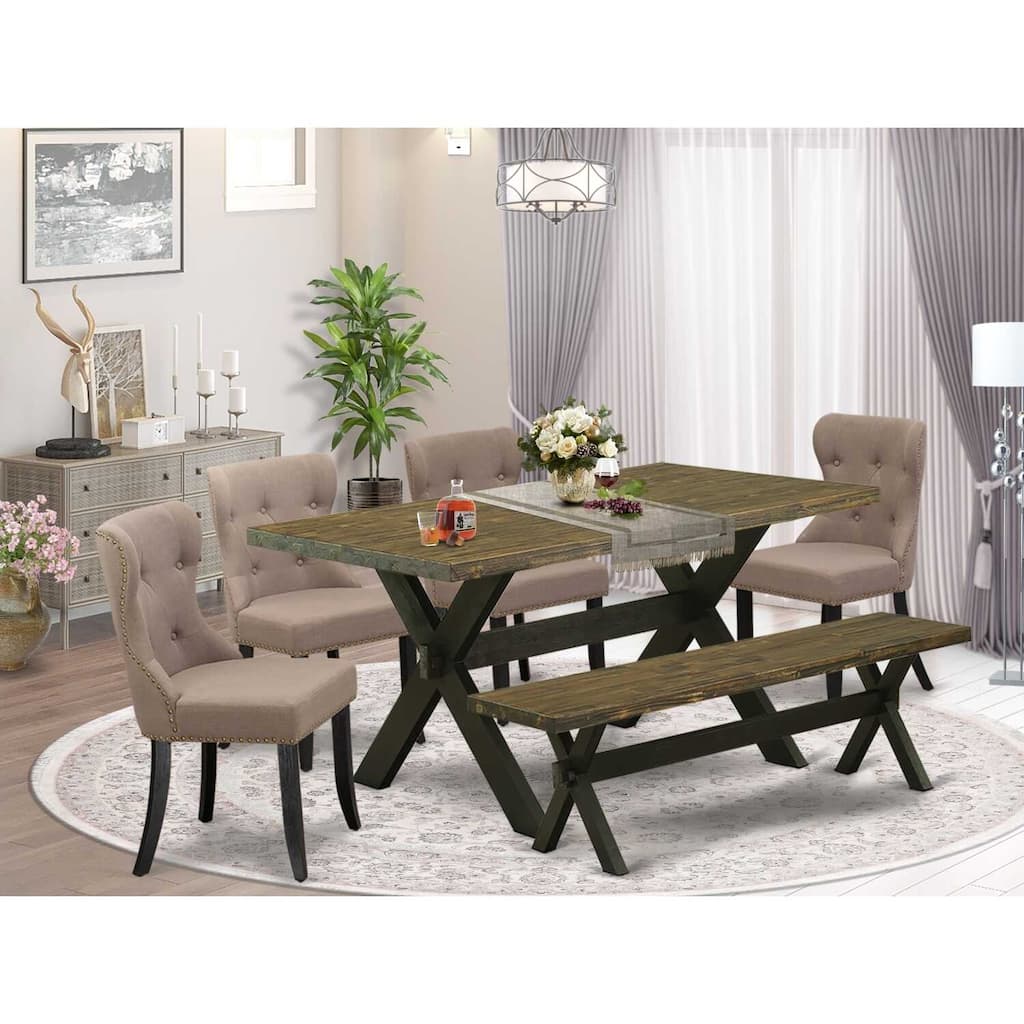 HomeStock 6-Piece Rectangle Distressed Jacobean Finish Solid Wood Top Dining Table with 1-Bench, 4-Chairs