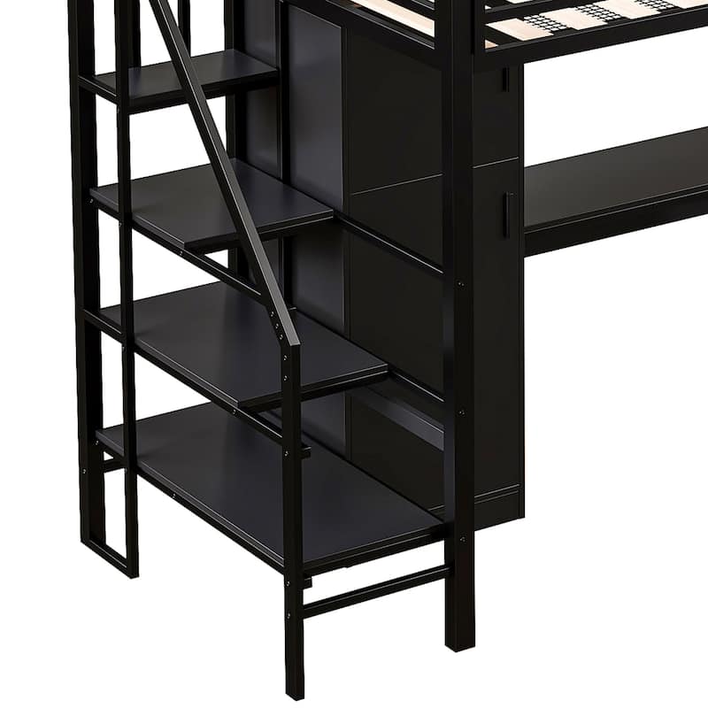 Twin Size Loft Bed with Storage Ladder, Metal Loft Bed Frame with Large Wardrobe & Desk for Teens Kids, No Box Spring Needed