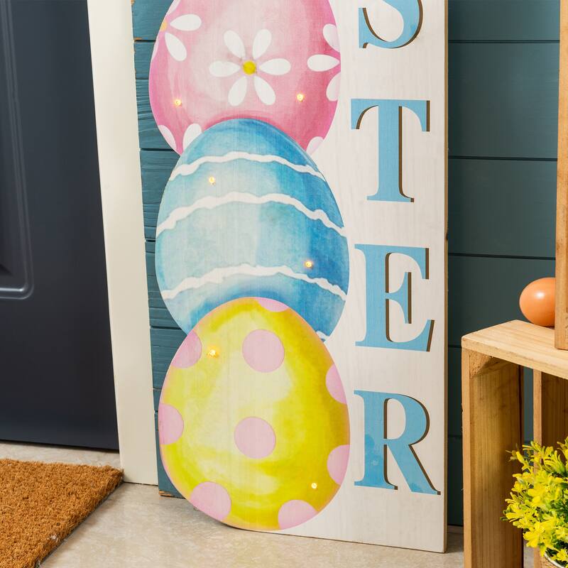 Glitzhome 42"H Lighted Wooden Stacked Eggs Happy Easter Porch Sign with Timer