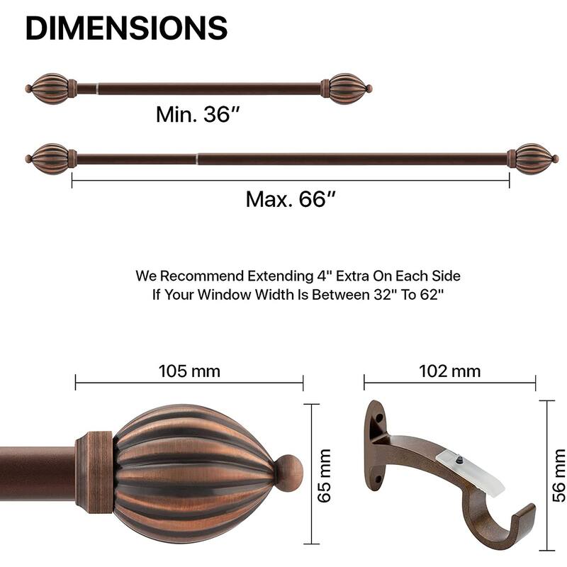 Deco Window 1 Inch Adjustable Antique Copper Curtain Rod for Windows & Door with Kamrak Finials & Brackets Set