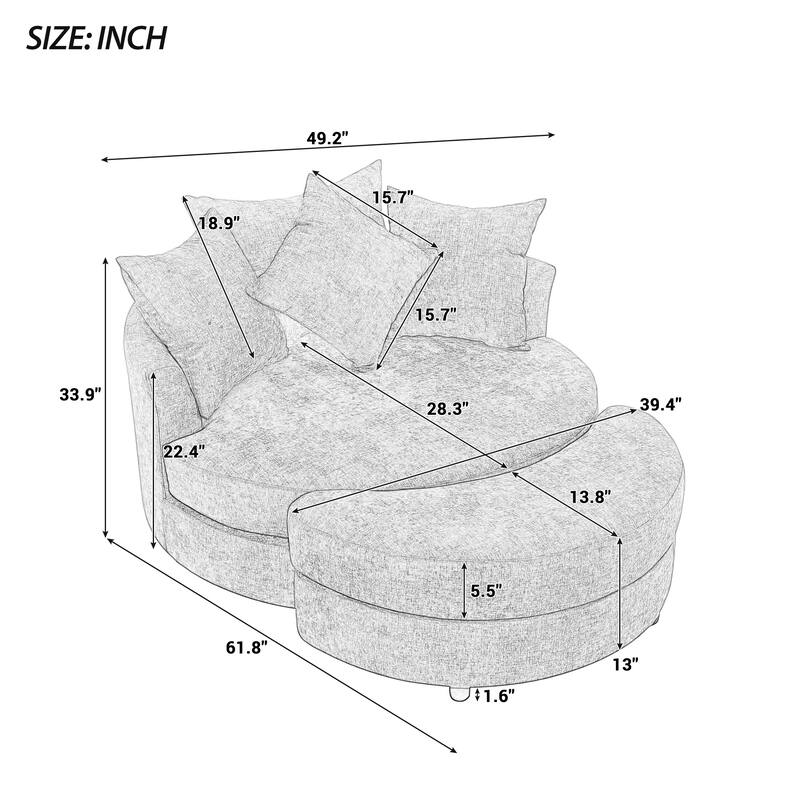 Roomfitters Modern 360° Swivel Barrel Chair with Hidden Storage Ottoman, Chenille Upholstery and Four Pillows