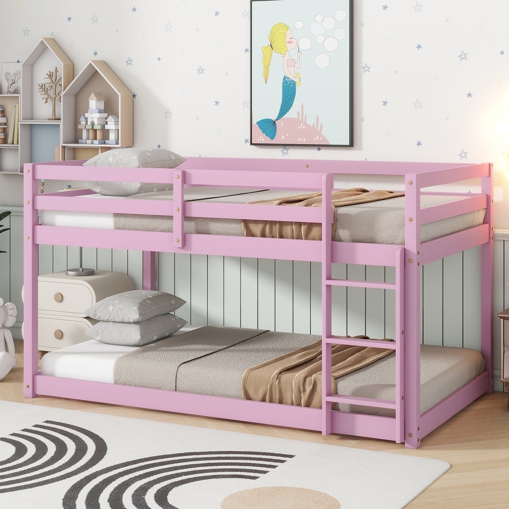 Solid Rubberwood Twin over Twin Floor Bunk Bed, Twin Size Wooden Bunk Bed Frame with Built In Ladder and Full Length Guardrail