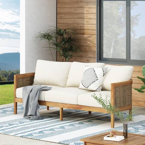 Burchett Outdoor Acacia Wood and Round Wicker Sofa by Christopher Knight Home