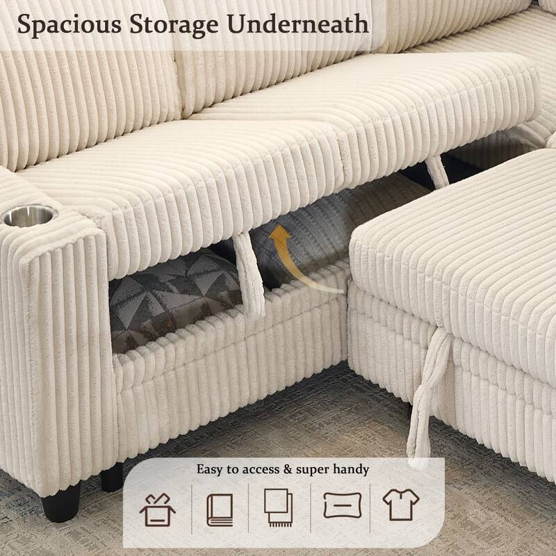 Modern Corduroy 5-seater L-shaped Convertible Sectional Sofa Bed with Pull-out Bed and USB Charging