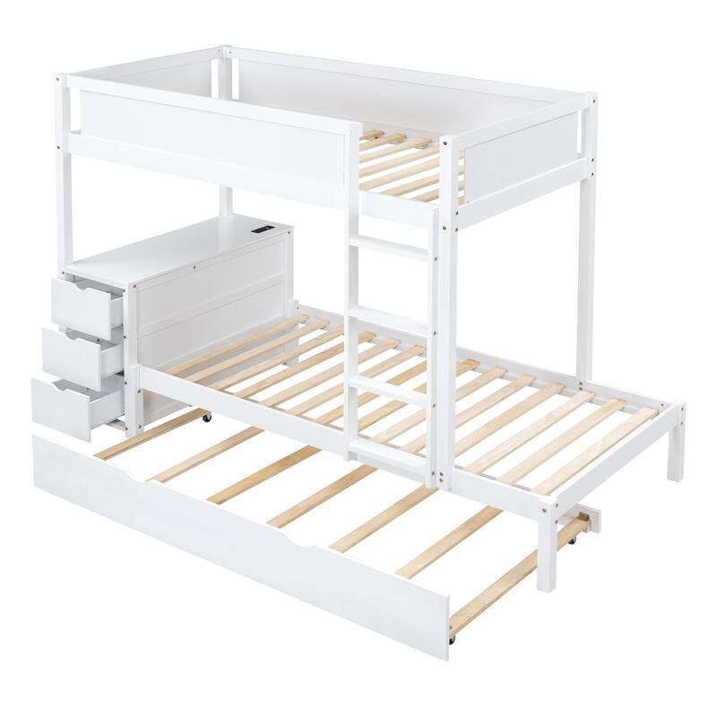 Twin-Over-Twin Bunk Bed with Trundle, Storage, Desk, USB Ports, White
