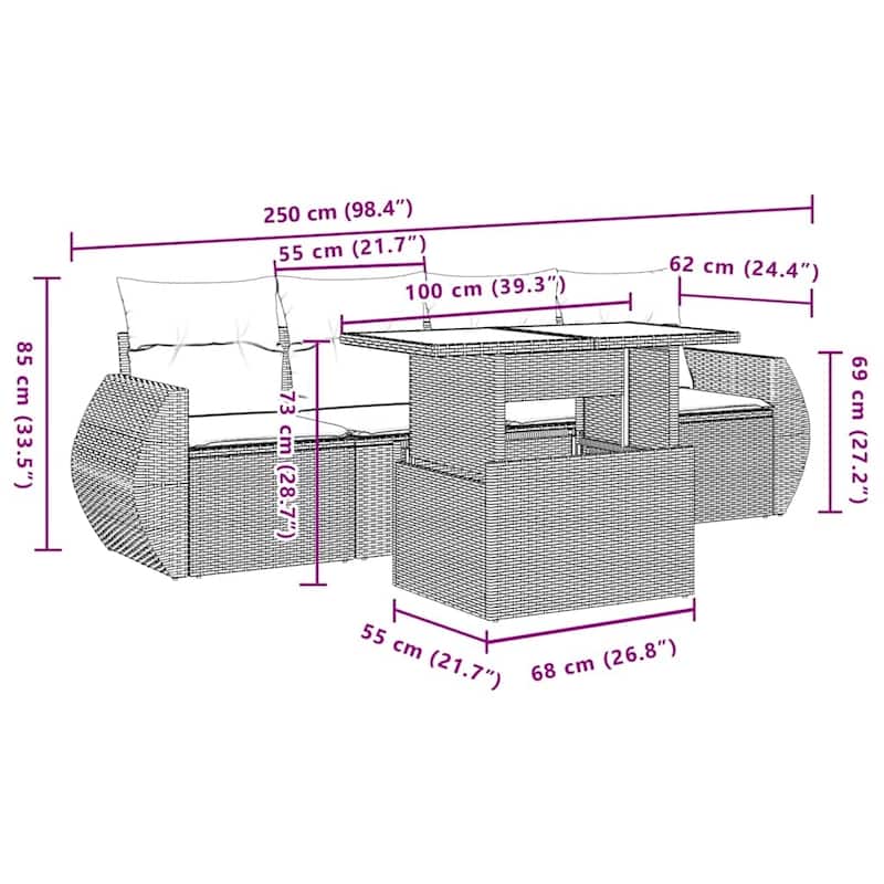 vidaXL Patio Sofa Set with Cushions and Table Outdoor 5 Piece Poly Rattan - 21.7 x 24.4 x 27.2