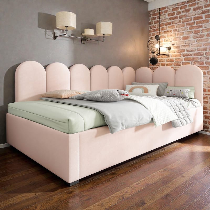 Twin Upholstered Daybed with Pull-Out Trundle, Velvet Sofa Bed for Small Spaces, Guest Bed with Metal Slatted Frame
