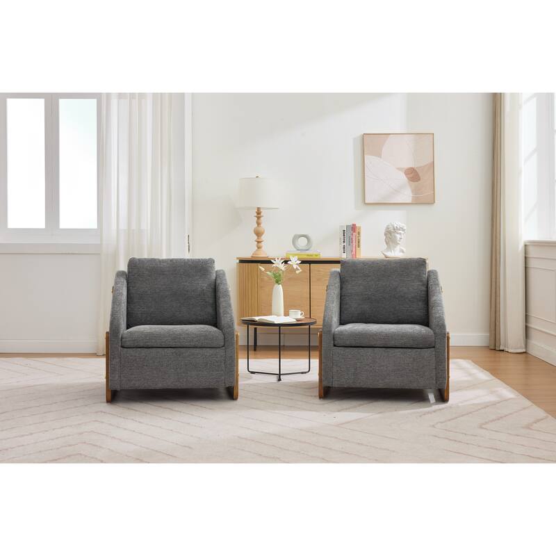 Modern Chenille Upholstered Armchair with Wooden Side Frame, Single Accent Leisure Chair with Backrest for Living Room, Bedroom