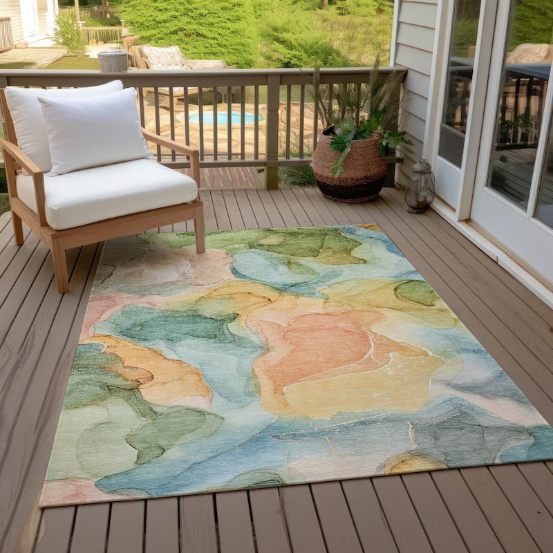 Machine Washable Indoor/ Outdoor Chantille Watercolor Blue Rug