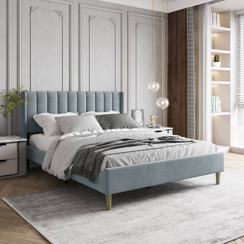 Aufank Bed Frame Upholstered Platform with Wooden Slats, Noise-Free - Light Grey - Queen