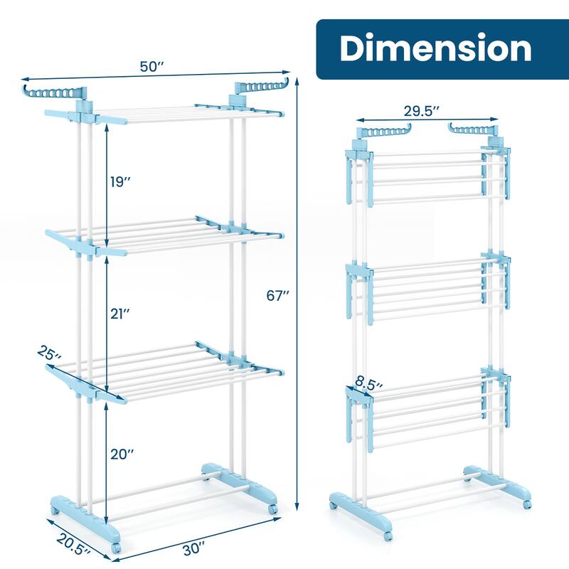 Gymax 3-tier Folding Clothes Drying Rack w/ Rotatable Side Wings &
