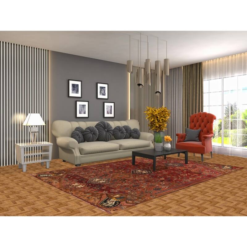 Hand Knotted Oriental 100% Wool Carpet Traditional Tribal Red Shiraz Area Rug - 8' 10'' X 5' 10''