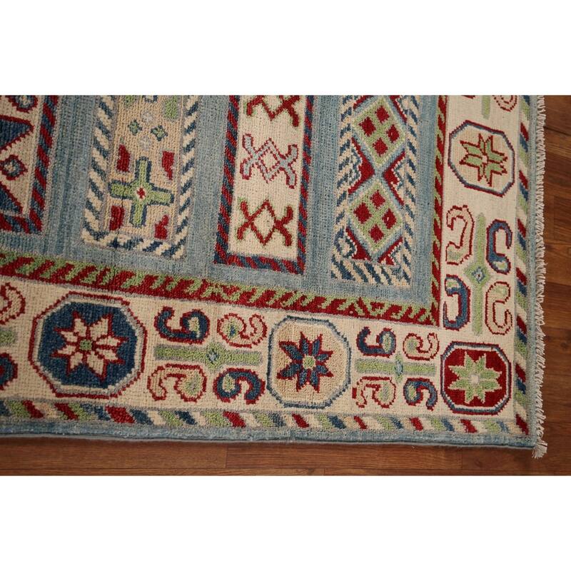 Blue Kazak Oriental Runner Rug Hand-Knotted Geometric Wool Carpet - 3'3" x 16'3"