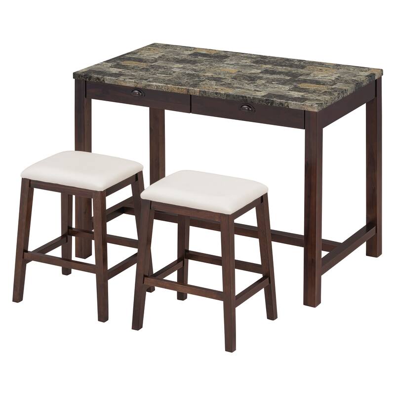 3 Pcs Counter Height Dining Table Set, Breakfast Nook Table Set for 2, Marble Table with Storage Drawers and 2 Padded Stools